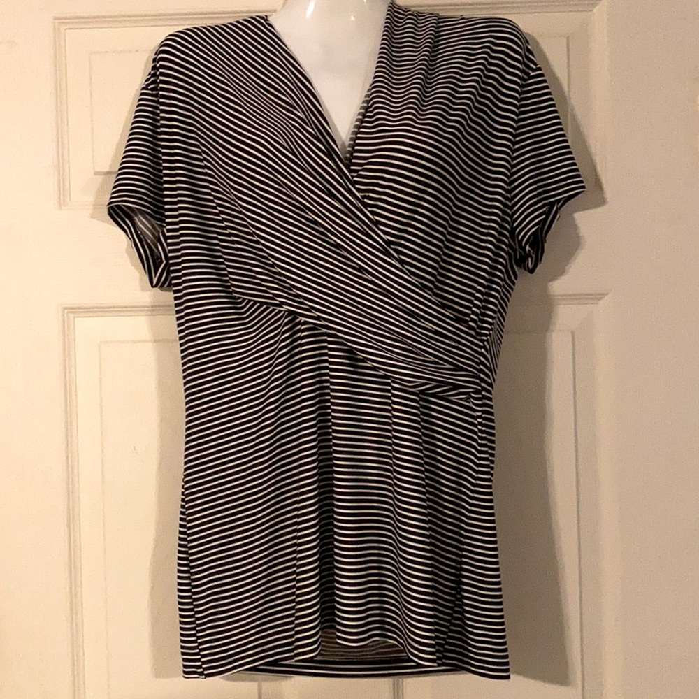 EUC DKNY L black & white stripe faux wrap top